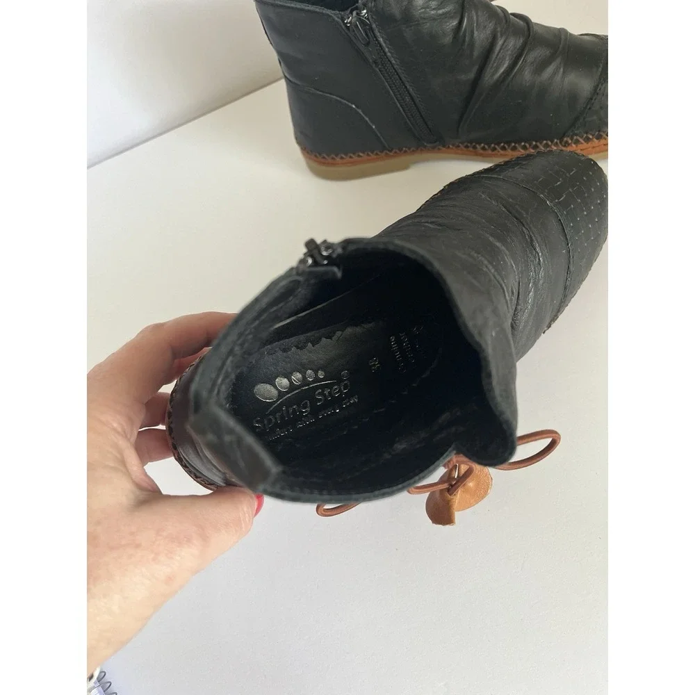 Spring Step flat ankle booties leather black sz 7 US NEW hippie zip ties soft